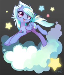 Size: 800x941 | Tagged: dead source, safe, artist:sambragg, character:cloudchaser, species:pegasus, species:pony, cloud, cute, cutechaser, eye clipping through hair, female, mare, open mouth, smiling, solo, stars