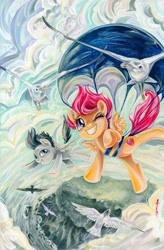 Size: 1179x1800 | Tagged: safe, artist:sararichard, idw, character:rumble, character:scootaloo, species:pegasus, species:pony, colt, cover, female, filly, male, one eye closed, parachute, scootaloo can fly, skydiving