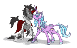 Size: 900x563 | Tagged: safe, artist:moonrisethemage, idw, character:king sombra, character:radiant hope, species:alicorn, species:classical unicorn, species:crystal pony, species:pony, species:unicorn, ship:hopebra, cape, clothing, cloven hooves, colored hooves, crown, crystal, crystal fetlocks, crystal horn, duo, female, horn, jewelry, leonine tail, male, mare, peytral, princess radiant hope, raised hoof, regalia, shipping, siege of the crystal empire, simple background, stallion, straight, unshorn fetlocks, white background