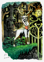 Size: 1323x1877 | Tagged: safe, artist:reptilianbirds, idw, character:king aspen, species:deer, bracer, city, gate, lantern, male, peytral, solo, stag, thicket