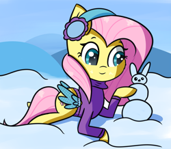 Size: 2333x2030 | Tagged: safe, artist:artiks, character:fluttershy, species:pegasus, species:pony, cheek fluff, clothing, cute, earmuffs, female, lying down, mare, prone, shyabetes, snow, snowbunny, solo, sweater, wing warmers