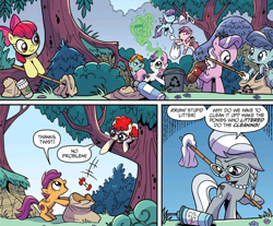 Size: 1892x1566 | Tagged: safe, artist:brendahickey, idw, official comic, character:apple bloom, character:diamond tiara, character:featherweight, character:scootaloo, character:silver spoon, character:snips, character:sweetie belle, character:twist, species:earth pony, species:pegasus, species:pony, species:unicorn, apple core, banana peel, bottle, cleaning, comic, cutie mark crusaders, dialogue, female, filly, foal, forest, glasses, litter, magic, magic aura, speech bubble, telekinesis, trash, trash bag, trash can, tree