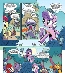 Size: 2107x2373 | Tagged: safe, artist:brendahickey, idw, official comic, character:apple bloom, character:diamond tiara, character:featherweight, character:silver spoon, character:snails, character:snips, character:sweetie belle, character:twist, species:earth pony, species:pegasus, species:pony, species:unicorn, braid, cleaning, comic, dialogue, female, filly, foal, forest, hoof hold, magnetic hooves, speech, speech bubble