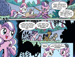 Size: 1894x1450 | Tagged: safe, artist:brendahickey, idw, official comic, character:diamond tiara, character:filthy rich, character:spoiled rich, character:sweetie belle, species:earth pony, species:pony, species:unicorn, cleaning, comic, cute, dialogue, diamondbetes, father and daughter, female, filly, foal, forest, great grandmother, jewelry, male, mare, mother and daughter, reminiscing, rich family, speech bubble, stallion, tiara, trash bag, younger