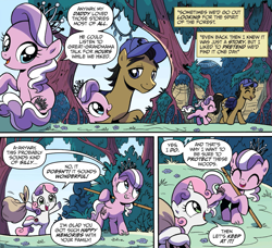 Size: 1893x1726 | Tagged: safe, artist:brendahickey, idw, official comic, character:diamond tiara, character:filthy rich, character:sweetie belle, species:earth pony, species:pony, species:unicorn, cap, clothing, comic, cute, dialogue, diamondbetes, father and daughter, female, filly, foal, forest, hat, male, reminiscing, speech bubble, stallion, trash bag, whitetail woods, younger