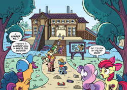 Size: 1892x1350 | Tagged: safe, artist:brendahickey, idw, official comic, character:apple bloom, character:filthy rich, character:scootaloo, character:sweetie belle, species:earth pony, species:pegasus, species:pony, species:unicorn, apple core, bottle, building, construction pony, cutie mark crusaders, dialogue, female, filly, foal, forest, hard hat, hat, lumber mill, male, speech bubble, stallion, trash, whitetail woods