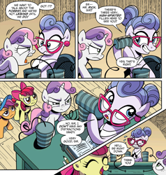 Size: 1948x2044 | Tagged: safe, artist:brendahickey, idw, official comic, character:apple bloom, character:scootaloo, character:sweetie belle, species:earth pony, species:pegasus, species:pony, species:unicorn, apple bloom is not amused, assertive, cap, clothing, comic, cutie mark crusaders, dialogue, female, filly, foal, glasses, grin, hat, implied filthy rich, mare, receptionist, scootaloo is not amused, secretary, sheepish grin, smiling, speech bubble, sweat, sweetie belle is not amused, tin can, tin can telephone, unamused