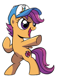 Size: 560x720 | Tagged: safe, artist:brendahickey, edit, idw, character:scootaloo, species:pegasus, species:pony, background removed, cap, clothing, cropped, cute, cutealoo, female, filly, foal, hat, rearing, simple background, solo, transparent background