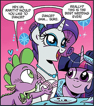 Size: 305x341 | Tagged: safe, artist:brendahickey, idw, character:rarity, character:spike, character:twilight sparkle, character:twilight sparkle (alicorn), species:alicorn, species:pony, animated, bow tie, female, i ship it, male, marriage, out of context, shipper on deck, shipping fuel, straight, wedding, zoom