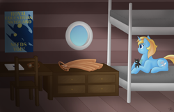 Size: 3000x1941 | Tagged: safe, artist:sevenserenity, oc, oc only, oc:skydreams, species:changeling, species:pony, species:unicorn, airship, artificial wings, augmented, aviator goggles, bunk bed, chair, computer, desk, dresser, inside, laptop computer, lying down, mechanical wing, plushie, porthole, poster, royal equestrian skyguard, wings