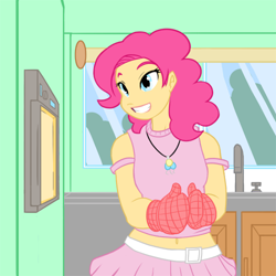 Size: 500x500 | Tagged: safe, artist:atticus83, character:pinkie pie, species:human, belly button, clothing, cooking, female, grin, happy, humanized, midriff, oven, oven mitts, photoshop, skirt, smiling, solo