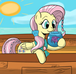 Size: 800x786 | Tagged: safe, artist:cartoon-eric, idw, character:fluttershy, species:pegasus, species:pony, boat, braided tail, female, fish, fish bowl, fishbowl, gil (character), mare, seashell, sky, sun