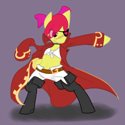 Size: 750x750 | Tagged: safe, artist:atticus83, character:apple bloom, species:pony, g4, action pose, bipedal, clothing, eyepatch, female, pirate, scarred, semi-anthro, simple background, solo
