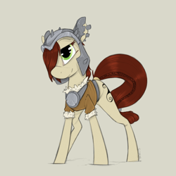 Size: 900x900 | Tagged: safe, artist:sinrar, idw, species:pony, legends of magic, braided tail, clothing, colored sketch, female, fur, helmet, mare, scar, simple background, solo, steela oresdotter