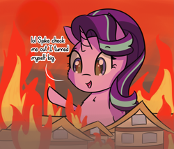 Size: 2189x1863 | Tagged: safe, artist:artiks, character:starlight glimmer, species:pony, species:unicorn, burning, dialogue, female, fire, giant pony, giant starlight glimmer, giantess, implied spike, macro, mare, ponyville, solo, some mares just want to hear them everyone/everypony scream for no reason, some mares just want to watch the world burn, xk-class end-of-the-world scenario