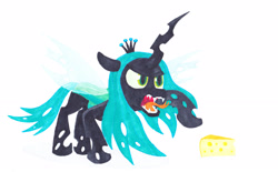 Size: 3504x2177 | Tagged: safe, artist:malte279, character:queen chrysalis, species:changeling, angry, changeling queen, cheese, female, food, marker, marker drawing, markers, traditional art