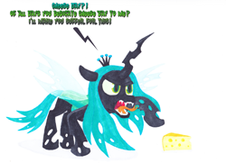 Size: 3504x2538 | Tagged: safe, alternate version, artist:malte279, character:queen chrysalis, species:changeling, angry, changeling queen, cheese, comic, exclamation point, female, food, interrobang, marker, marker drawing, markers, question mark, traditional art