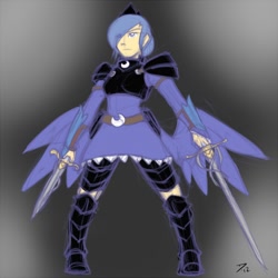 Size: 750x750 | Tagged: safe, artist:atticus83, character:princess luna, species:human, armor, dual wield, female, gradient background, humanized, paint tool sai, s1 luna, solo, sword, weapon, winged humanization, wings