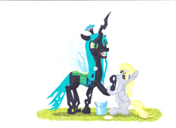 Size: 1048x763 | Tagged: safe, artist:malte279, character:derpy hooves, character:queen chrysalis, species:changeling, species:pegasus, species:pony, bubble, bucket, changeling queen, cute, cutealis, derpabetes, female, grass, mare, marker, marker drawing, markers, soap, soap bubble, traditional art