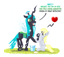 Size: 2860x2550 | Tagged: safe, artist:malte279, character:derpy hooves, character:queen chrysalis, species:changeling, species:pegasus, species:pony, bubble, bucket, changeling queen, comic, cute, cutealis, derpabetes, dialogue, duo, duo female, female, heart, marker, marker drawing, markers, simple background, soap, soap bubble, traditional art, transparent background