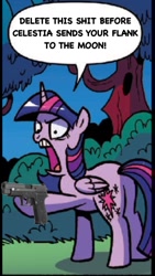 Size: 750x1334 | Tagged: safe, edit, idw, character:twilight sparkle, character:twilight sparkle (alicorn), species:alicorn, species:pony, comic sans, delet this, delete this please, gun, handgun, p226, photoshop, pistol, text, twitter link, vulgar, you can post a hate comment about the comic sans now