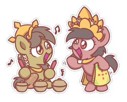 Size: 2560x2048 | Tagged: safe, artist:sugar morning, oc, oc only, oc:nuning, oc:salasika, species:earth pony, species:pony, batik, chibi, clothing, cute, dancing, female, flower, flower in hair, gamelan, headdress, mare, music notes, nusaponycon, playing instrument, simple background, transparent background