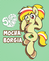 Size: 2048x2560 | Tagged: safe, artist:sugar morning, oc, oc only, oc:mocha borgia, species:earth pony, species:pony, chest fluff, mochabetes, ponytail, simple background, solo, text, tongue out