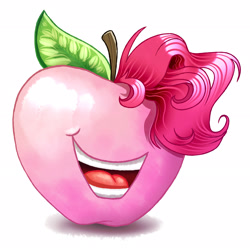Size: 2908x2884 | Tagged: safe, artist:rysunkowasucharia, idw, character:pinkie pie, apple pinkie, living apple, night of the living apples, no eyes, open mouth, simple background, smiling, species swap, white background