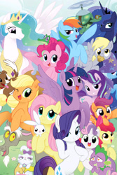 Size: 2107x3160 | Tagged: safe, seven seas, character:angel bunny, character:apple bloom, character:applejack, character:derpy hooves, character:discord, character:fluttershy, character:gummy, character:opalescence, character:pinkie pie, character:princess celestia, character:princess luna, character:rainbow dash, character:rarity, character:scootaloo, character:spike, character:starlight glimmer, character:sweetie belle, character:tank, character:trixie, character:twilight sparkle, character:twilight sparkle (alicorn), character:winona, species:alicorn, species:dog, species:draconequus, species:dragon, species:earth pony, species:pegasus, species:pony, species:rabbit, species:unicorn, ship:sparity, my little pony: the manga, adorabloom, alligator, angelbetes, animal, apple bloom's bow, applejack's hat, bipedal, bow, cape, cat, clothing, cowboy hat, crown, cute, cutealoo, cutie mark crusaders, dashabetes, derpabetes, diapinkes, diasweetes, discute, featured on derpibooru, female, filly, food, freckles, glimmerbetes, gummybetes, hair bow, hat, heart eyes, implied shipping, implied sparity, implied straight, in love, jackabetes, jewelry, looking at you, male, mane seven, mane six, mare, muffin, my little pony: the manga volume 1, not amused face, one eye closed, opalbetes, opalescence is not amused, open mouth, pet six, raribetes, regalia, shipping, shyabetes, smiling, spikabetes, stetson, straight, tankabetes, tortoise, trixie's cape, trixie's hat, twiabetes, wingding eyes, wink, winonabetes