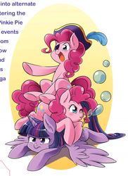 Size: 1355x1860 | Tagged: safe, seven seas, character:pinkie pie, character:twilight sparkle, character:twilight sparkle (alicorn), species:alicorn, species:earth pony, species:pony, my little pony: the manga, blowing bubbles, bubble, clothing, cute, duality, eyepatch, hat, my little pony: the manga volume 1, pinkie pirate, pirate, pirate hat, pirate pinkie pie, pony pile, self ponidox, sitting on, sitting on pony, soap bubble, twilight is not amused, unamused