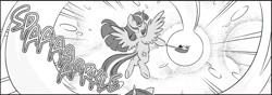Size: 1822x644 | Tagged: safe, official, seven seas, character:twilight sparkle, character:twilight sparkle (alicorn), species:alicorn, species:pony, my little pony: the manga, butt, female, magical girl, manga, mare, monochrome, my little pony: the manga volume 1, plot, scepter, transformation, twilight scepter