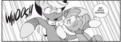Size: 1860x656 | Tagged: safe, official, seven seas, character:apple bloom, character:applejack, species:earth pony, species:pony, my little pony: the manga, clothing, costume, female, filly, manga, mare, monochrome, my little pony: the manga volume 1, ninja, this will end in tears and/or death and/or covered in tree sap