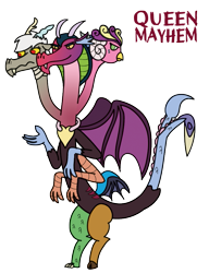 Size: 669x869 | Tagged: safe, artist:ultimatum323, idw, character:cosmos, character:discord, character:princess eris, oc:eris, species:draconequus, confused, fusion, hydra, multiple heads, rule 63, sarimanok