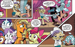 Size: 833x521 | Tagged: safe, artist:brendahickey, idw, official comic, character:apple bloom, character:applejack, character:mayor mare, character:rarity, character:scootaloo, character:sweetie belle, species:earth pony, species:pegasus, species:pony, species:unicorn, bucktooth, comic, dialogue, falling over, female, filly, foal, glasses, mare, mouth hold, pamphlet, paper, running away, scared, speech bubble, sweat, sweatdrop, swirly eyes, swirly glasses, tadwell