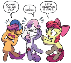 Size: 408x363 | Tagged: safe, artist:brendahickey, idw, official comic, character:apple bloom, character:scootaloo, character:sweetie belle, species:earth pony, species:pegasus, species:pony, species:unicorn, adorable distress, baseball cap, cap, clothing, cute, cutie mark, cutie mark crusaders, dialogue, female, filly, foal, hat, simple background, speech bubble, the cmc's cutie marks, thinking, trio, white background