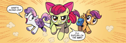 Size: 800x276 | Tagged: safe, artist:brendahickey, idw, official comic, character:apple bloom, character:scootaloo, character:sweetie belle, species:earth pony, species:pegasus, species:pony, species:unicorn, cropped, cutie mark crusaders, dialogue, female, filly, foal, orange background, saddle bag, simple background, speech bubble, trio