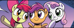 Size: 563x215 | Tagged: safe, artist:brendahickey, idw, official comic, character:apple bloom, character:scootaloo, character:sweetie belle, species:earth pony, species:pegasus, species:pony, species:unicorn, cute, cutie mark crusaders, female, filly, foal, trio