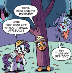 Size: 371x372 | Tagged: safe, artist:brendahickey, idw, official comic, character:applejack, character:rainbow dash, character:rarity, species:earth pony, species:pegasus, species:pony, species:unicorn, axe, dialogue, female, lumberjack, mare, speech bubble, tree costume, trio, upside down, weapon