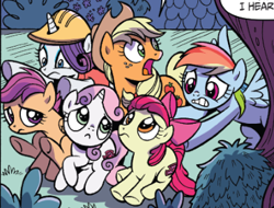 Size: 369x281 | Tagged: safe, artist:brendahickey, idw, official comic, character:apple bloom, character:applejack, character:rainbow dash, character:rarity, character:scootaloo, character:sweetie belle, species:earth pony, species:pegasus, species:pony, species:unicorn, cutie mark crusaders, female, filly, foal, hard hat, hat, mare, pushing, sweetie frown
