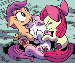 Size: 338x287 | Tagged: safe, artist:brendahickey, idw, official comic, character:apple bloom, character:scootaloo, character:sweetie belle, species:earth pony, species:pegasus, species:pony, species:unicorn, covering eyes, cowering, cutie mark crusaders, female, filly, floppy ears, foal, scarred for life, trio