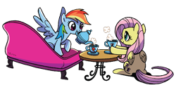 Size: 1120x540 | Tagged: safe, artist:brendahickey, edit, idw, character:fluttershy, character:rainbow dash, species:pegasus, species:pony, background removed, couch, cropped, cup, cute, duo, female, food, mouth hold, simple background, table, tea, teapot, transparent background