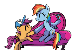 Size: 840x560 | Tagged: safe, artist:brendahickey, edit, idw, character:rainbow dash, character:scootaloo, species:pegasus, species:pony, background removed, cap, clothing, couch, cropped, cup, cute, cutealoo, dashabetes, duo, eyes closed, female, filly, food, hat, hoofbump, scootalove, simple background, sitting, smiling, tea, transparent background