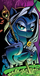 Size: 735x1405 | Tagged: safe, idw, character:princess luna, cauldron, clothing, costume, hoof shoes, solo, witch