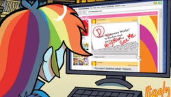 Size: 1440x818 | Tagged: safe, edit, idw, character:babs seed, character:diamond tiara, character:ms. harshwhinny, character:rainbow dash, character:snails, character:snips, character:sunset shimmer, my little pony:equestria girls, computer, cropped, exploitable, facing away, internet, solo