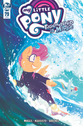 Size: 659x1000 | Tagged: safe, artist:justina babinska, idw, character:rainbow dash, character:scootaloo, species:pegasus, species:pony, cover, surfboard, surfing, wetsuit