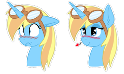 Size: 1105x662 | Tagged: safe, artist:sevenserenity, oc, oc only, oc:skydreams, species:pony, species:unicorn, aviator goggles, blushing, duo, emoji, female, goggles, heart, mare