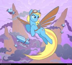 Size: 2193x2000 | Tagged: safe, artist:leo david, oc, oc only, oc:skydreams, species:pony, species:unicorn, airship, artificial wings, augmented, aviator goggles, celestial dawn, female, flight, flying, goggles, mare, royal equestrian skyguard, scout, wings