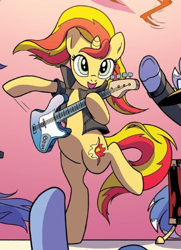 Size: 360x496 | Tagged: safe, idw, character:sunset shimmer, species:pony, species:unicorn, blue beats, clothing, cropped, female, guitar, hooves, jacket, mare, raised hoof, raised leg, solo focus, sunset shredder