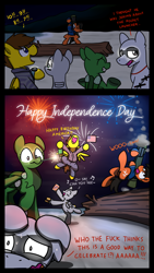 Size: 2160x3840 | Tagged: safe, artist:sugar morning, oc, oc only, oc:blu skies, oc:chaser, oc:red sands, oc:seasprite, oc:sierra summit, species:plane pony, species:pony, 2 panel comic, 4th of july, a-10 thunderbolt ii, alcohol, american flag, american independence day, beach, burger, carl gustav m3 maaws, celebrating, celebration, cheering, clothing, clumsy, comic, commission, countdown, driftwood, eye scar, falling, fear, fireworks, food, helicopter, helipony, holiday, hoodie, independence day, jeans, liquor, mi-24, moxie soda, original species, p-3 orion, panic, panicking, pants, patriot, patriotic, patriotism, plane, recoilless rifle, scar, scared, screaming, singing, soda, soda can, sparkler, star spangled banner, united states, vulgar, watch, whiskey