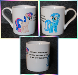 Size: 2092x2000 | Tagged: safe, artist:malte279, character:bon bon, character:lyra heartstrings, character:sweetie drops, species:pony, collage, craft, cup, porcelain, porcelain painting, quote